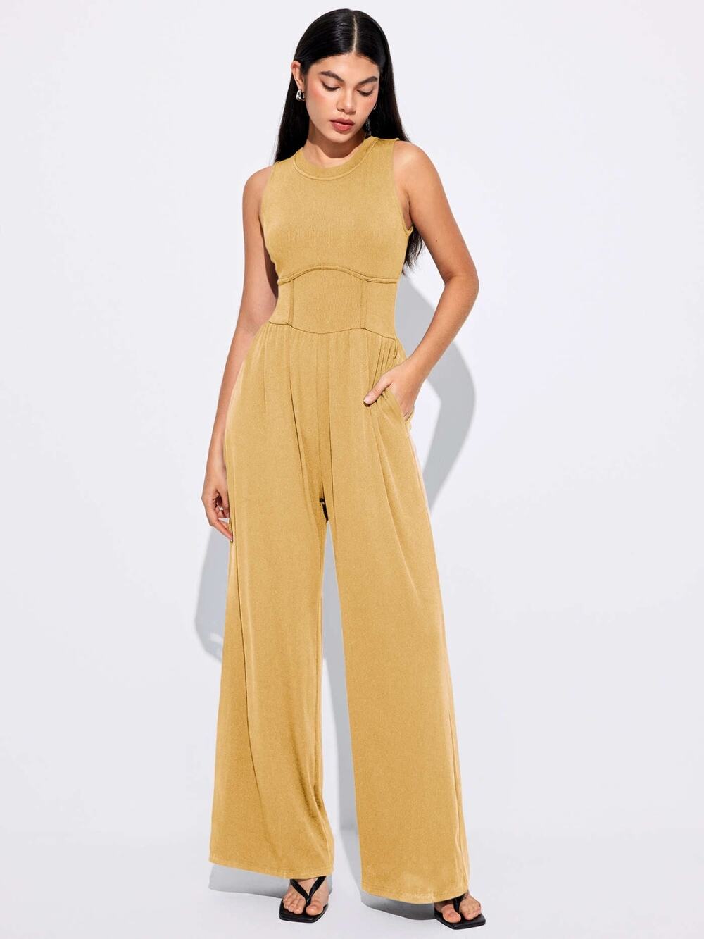 CIDER Women's Yellow Tailored Wide Leg Jumpsuit Sleeveless Pockets - XXS